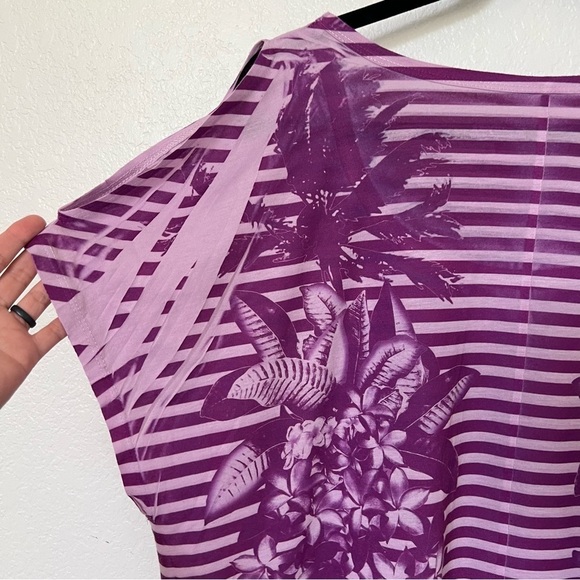 2/$30 Lane Bryant Purple Striped Floral Beaded Cold Shoulder Short Sleeve Top - Picture 6 of 11